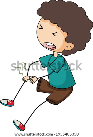 Doodle cartoon character of a boy holding painful wounded leg knee illustration