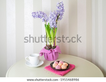 Spring blooming hyacinths, bird's nest, meringues and white mockup cup on striped background, selective focus. High quality photo