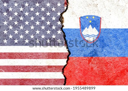 Grunge USA VS Slovenia national flags icon pattern isolated on broken cracked wall background, abstract international political relationship friendship divided conflicts concept texture wallpaper
