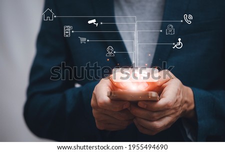 Smartphone with SOS, General Medical Services Concept, Businessman hand touch pressing the virtual button on service touchscreen by his finger, technology network concept