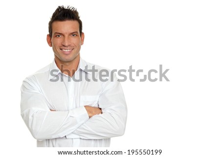 Businessman in white shirt standing, right you can write some text