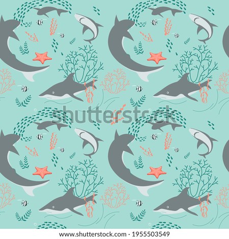 Seamless underwater pattern with Sharks on dark blue background. Flat Art Rastered Copy illustration.