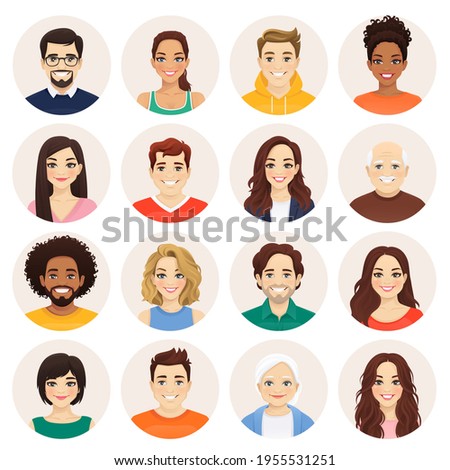 Smiling people avatar set. Different men and women characters collection. Isolated vector illustration. Royalty-Free Stock Photo #1955531251