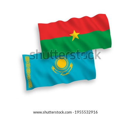 National vector fabric wave flags of Kazakhstan and Burkina Faso isolated on white background. 1 to 2 proportion.