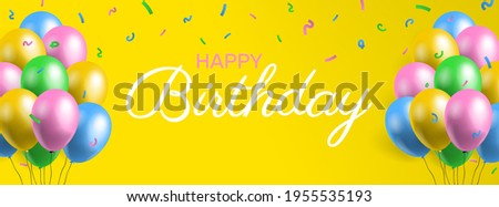 happy birthday horizontal banner design with colorful balloons and confetti on yellow background vector illustration