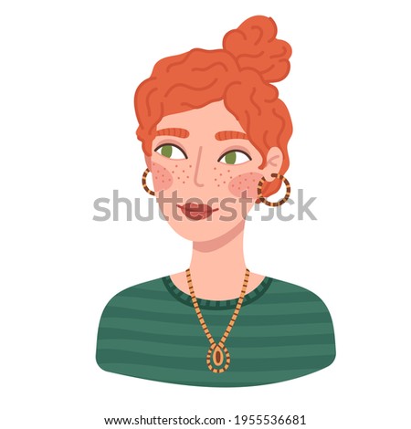 Portrait of cute happy young woman. Avatar of smiling redhead curly girl with earrings. Flat cartoon vector illustration. Royalty-Free Stock Photo #1955536681