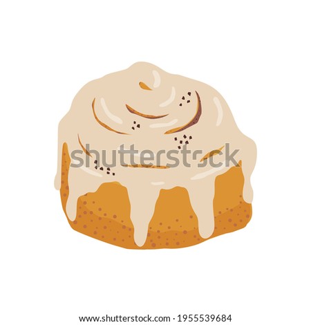 Cinnamon bun with frosting cartoon style vector illustration. Baked sweet roll doodle icon. Design clip art for cafe menu, flier, chalk board. Fresh Swedish kanelbulle swirl pastry.
