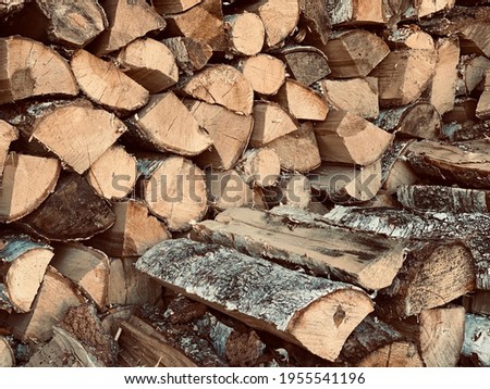 A pile of stacked firewood. Chopped wooden trunks, logs. Close-up background.
