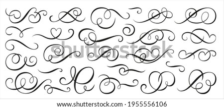 Calligraphic swirl ornament, line style flourishes set. Filigree vignette ornamental curls. Decorative design elements for menu, certificate, diploma, wedding card, invatation, outline text divider