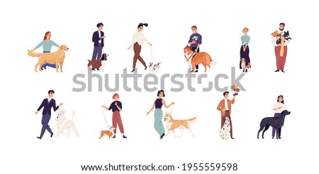 Set of pet owners with purebred dogs. Happy people with canine winner's golden cups and medals. Men and women with doggies and puppies. Colored flat vector illustration isolated on white background