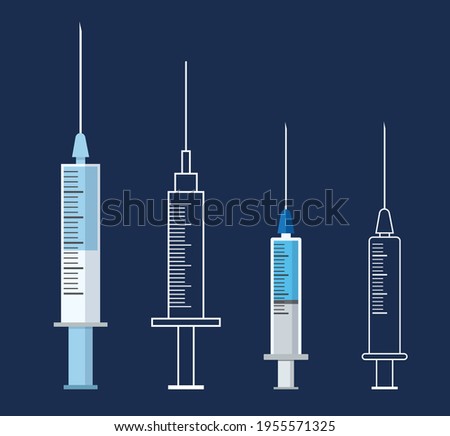 Medical syringe icon set. Syringes, filled with a solution of vaccine. Illustration of medical syringes with needles in flat and linear styles, isolated on blue background.