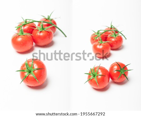 Set of tomatoes from various angles in one frame on white background isolated
