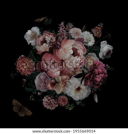Luxurious baroque and victorian bouquet. Beautiful garden flowers, leaves and butterfly on black background. Pink and white peonies, roses. Vintage illustration. Floral decoration advertising material Royalty-Free Stock Photo #1955669014