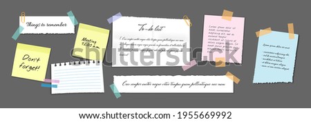 Paper sticky notes, memo messages, notepads and torn paper sheets. Blank notepaper of meeting reminder, to do list and office notice or information board with appointment notes. Vector eps 10 Royalty-Free Stock Photo #1955669992