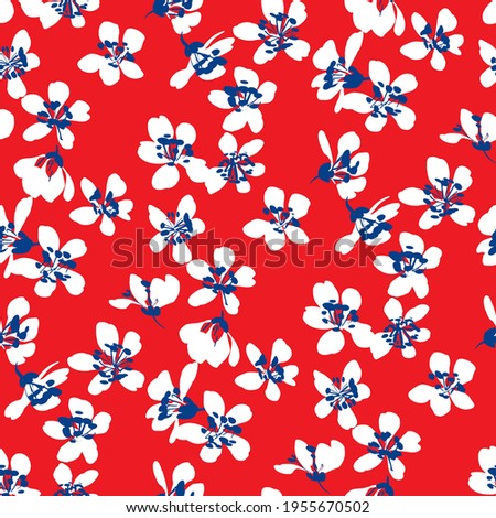 Hand drawn abstract ditsy flowers seamless pattern on red. Repeating floral vector pattern. Ditsy print in calico shabby chic. Royalty-Free Stock Photo #1955670502