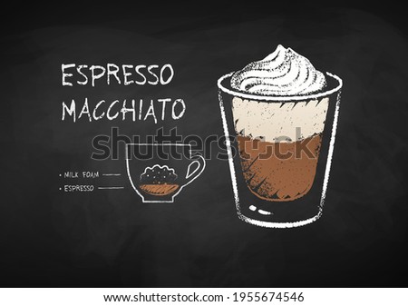 Vector chalk drawn infographic illustration of Espresso Macchiato coffee recipe on chalkboard background.