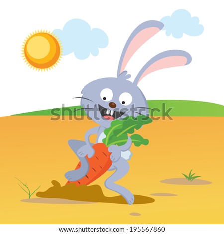 Bunny pulling carrot. Vector illustration of a rabbit pulling carrot from the ground.