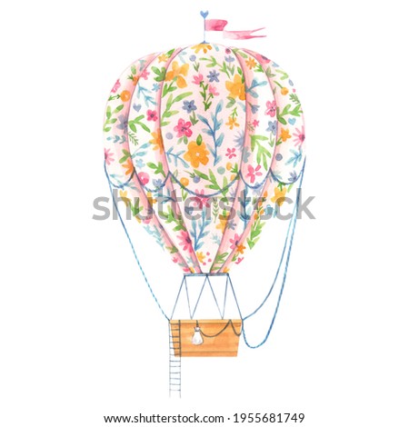 Beautiful image with cute watercolor hand drawn air baloon with gentle flowers. Stock illustration.