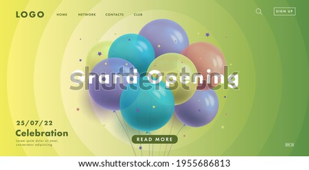 grand opening web banner with bunch of round transparent air balloons on green fresh spring background with circles, modern style landing page design with interface elements