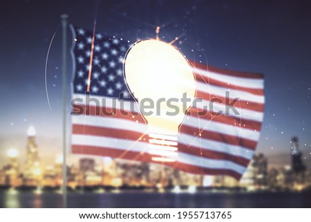Abstract virtual light bulb illustration on US flag and skyline background, future technology concept. Multiexposure