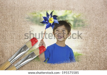 Composite image of little boy with pinwheel against weathered surface with paintbrushes