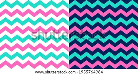 Zigzag pattern colorful in pink, green, navy blue, white. Seamless chevron vector set in tropical colors for gift paper, napkin, other spring summer womenswear fashion paper or textile print.