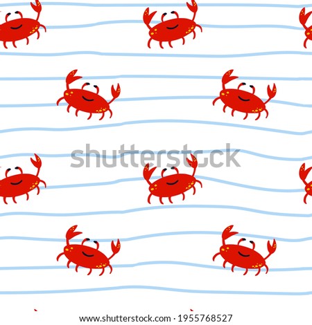 Red crab seamless pattern. Cartoon hand drawn colorful marine childish collection, underwater animal on blue striped background. Kids decor textile, wrapping paper, wallpaper vector print or fabric Royalty-Free Stock Photo #1955768527