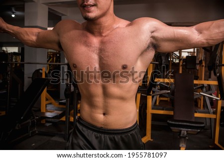 Closeup of a muscular man's torso, well developed pectorals, small waist and relatively low bodyfat. Arms extended while doing cable crossovers.