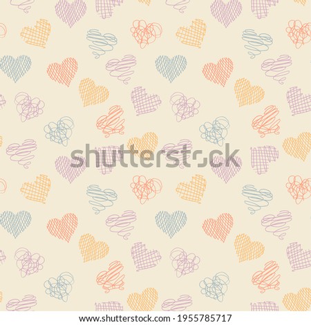 Seamless background of handmade doodle hearts in delicate colors