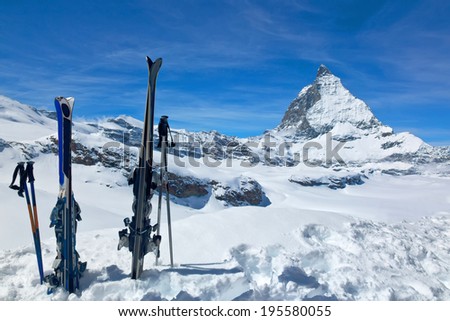 A pair of skis against the Matterhorn, taken in the resort of Zermatt, Switzerland.