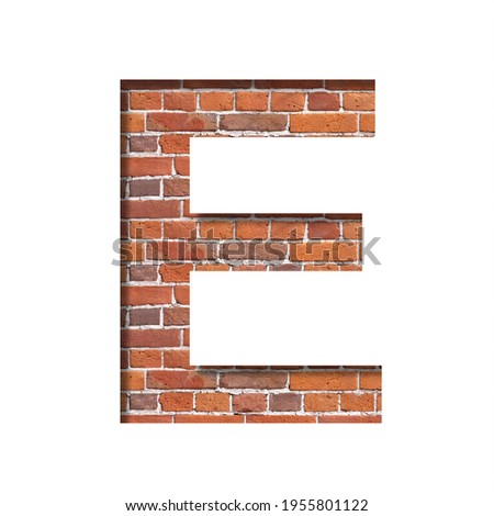 Font on brick texture. Letter E, cut out of paper on a background of real brick wall. Volumetric white fonts set.