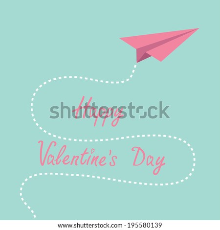 Origami pink paper plane. Dash line in the sky. Happy Valentines day . Rasterized copy