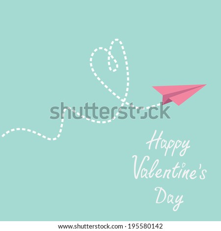 Origami paper plane. Dash heart in the sky. Happy Valentines day card. Rasterized copy
