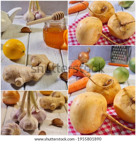 Turnip. Collage of photos of turnips, garlic, carrots. Close-up.