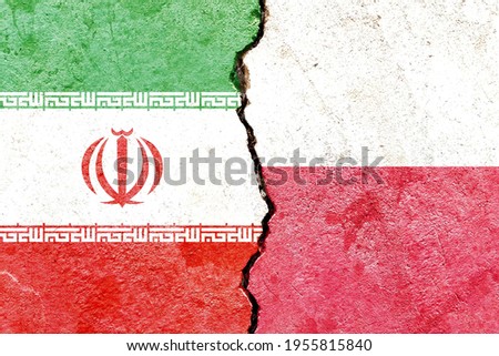 Grunge Iran VS Poland national flags icon pattern isolated on broken cracked wall background, abstract international political relationship friendship divided conflicts concept texture wallpaper
