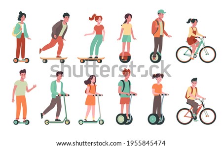 Children ride bicycles, skateboards, scooters, gyroboards. Flat vector set with childs on electric transport.
Kids, boys and girls ride. Colorful illustration on cartoon style