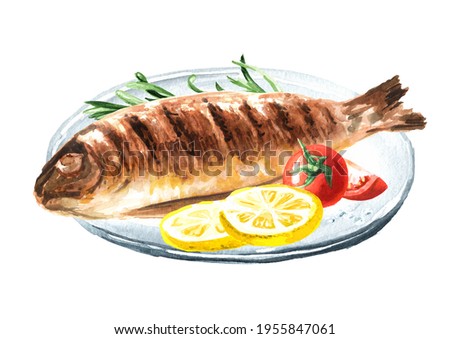 Grilled fish trout with cherry tomatoes and lemon. Watercolor hand drawn illustration, isolated on white background