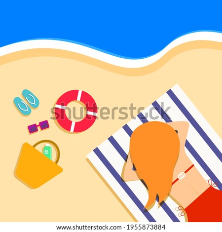 summer vector illustration. Woman in red swimsuit lying on the towel with sun cream, sunglasses and lifebuoy nearby. Beach accessories and vacation attributes.
