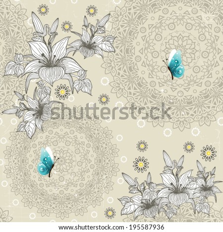 Pattern floral geometric with butterfly light background seamless-transparency blending effects and gradient mesh-EPS 10.