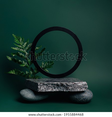 Natural product podium made with marble, stone, leaves and frame on forest green background. Concept scene stage for promotion, sale, presentation or cosmetic. Luxury minimal mock up template.