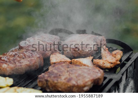 Large piece of fresh beef meat prepared on a grill pan.
