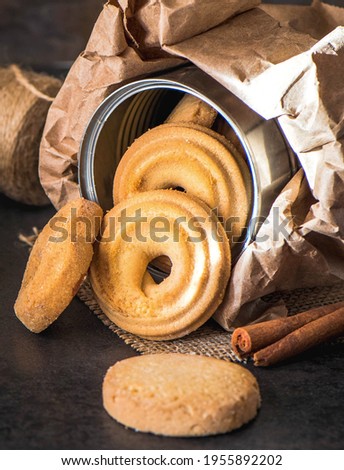 Shortbread cookies of different shapes in a rustic style.