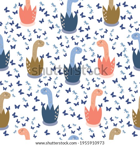 Seamless pattern of baby dinosaurs who have just hatched and butterflies flying around 
