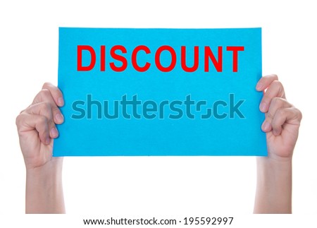 Two hands holding blue paper with discount on white background