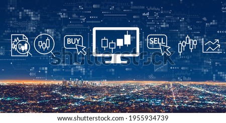 Stock trading theme with downtown Los Angeles at night