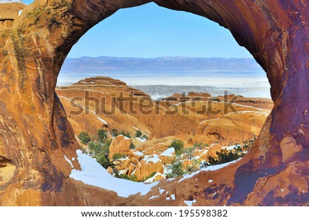 View from the Double-O-Arch in Devil's Garden in Arches National Park, Utah in winter