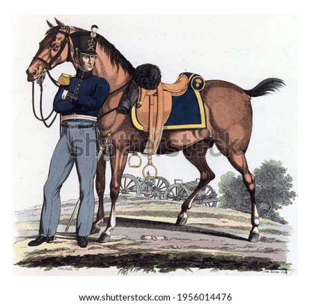 Officer (Captain) of the Field Artillery, with Harnessed Riding Horse, vintage engraving. Royalty-Free Stock Photo #1956014476