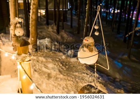 The forest Christmas decoration covered with snow at night next to the New Furano Prince Hotel in Furano, Hokkaido,Japan