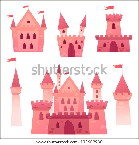 Cute cartoon vector medieval castle with fortress and set of towers