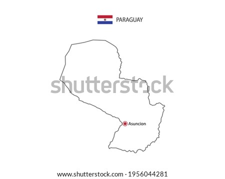 Hand draw thin black line vector of Paraguay Map with capital city Asuncion on white background.